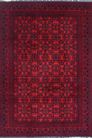 שטיח אפגני כפרי מלבני מצמר בצבע אדום