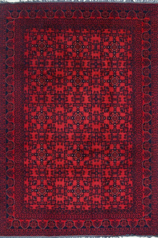 שטיח אפגני כפרי מלבני מצמר בצבע אדום