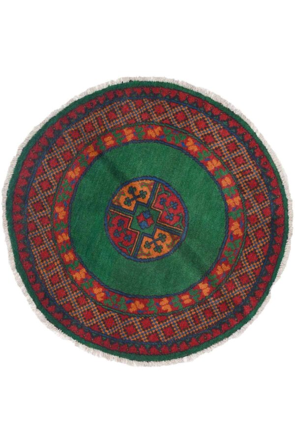 שטיח כפרי עגול מצמר בצבעים אדום וירוק