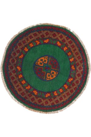 שטיח עגול כפרי בצבעי אדום וירוק עשוי צמר