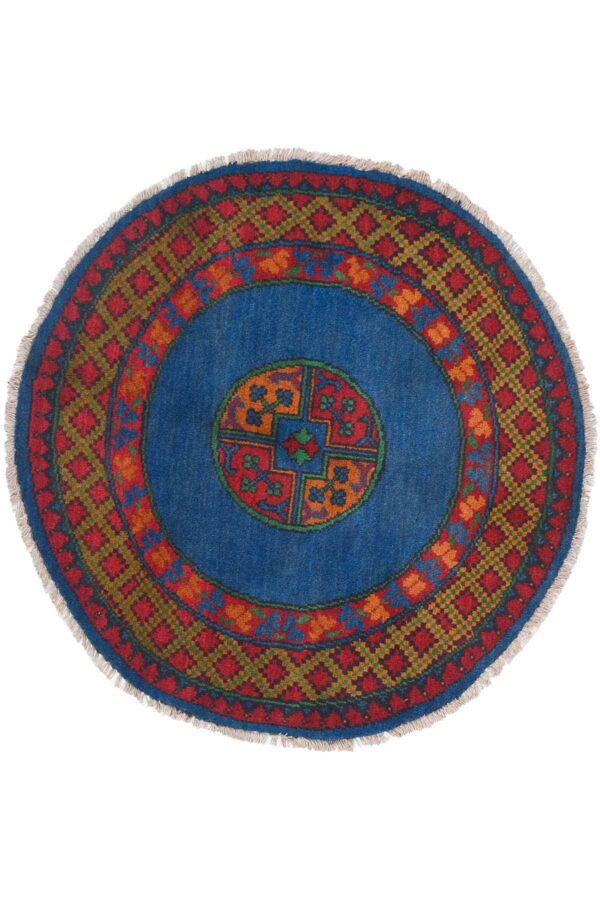 שטיח אפגן עגול צמר כפרי בצבעים אדום וכחול