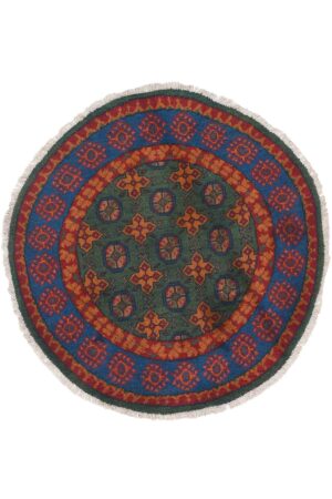 שטיח עגול בסגנון כפרי עשוי צמר בצבעי ירוק וכחול