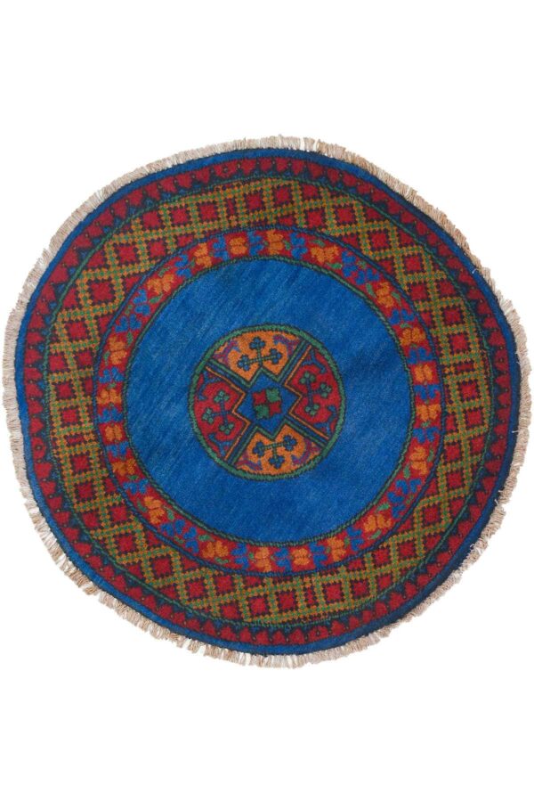 שטיח כפרי עגול מצמר בצבעים אדום וכחול