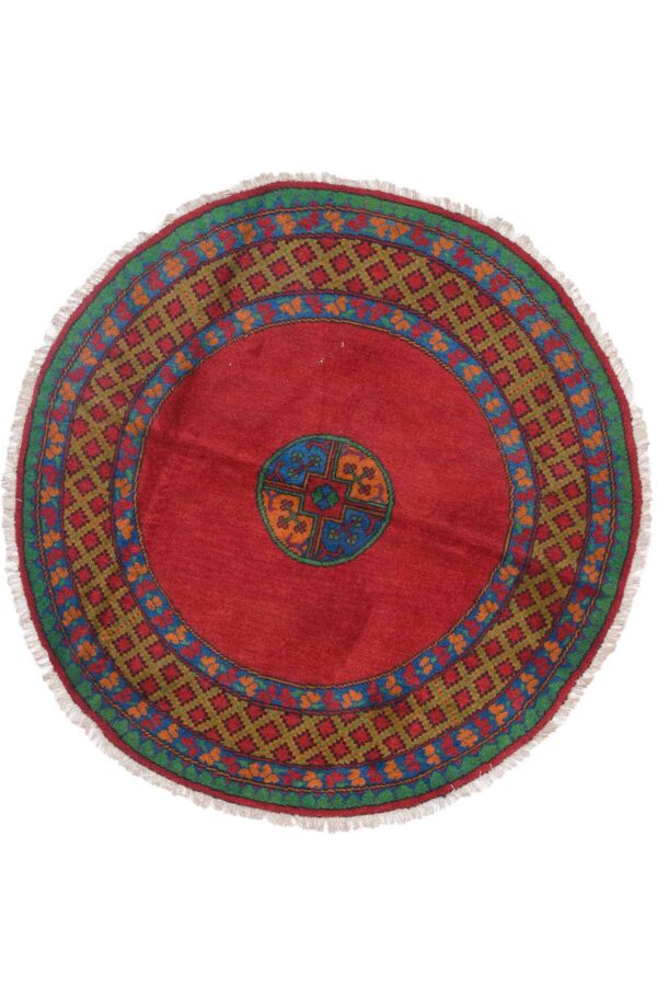 שטיח כפרי צמר עגול בעבודת יד בצבע אדום