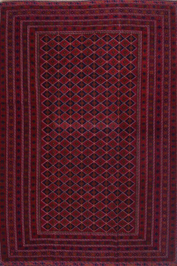 שטיח אוזבקי כפרי מלבני מצמר בגווני אדום מתאים במיוחד למשרד או סלון