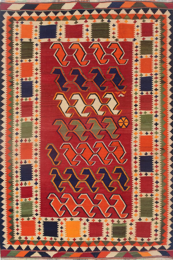 שטיח קילים קשקאי כפרי מלבני עשוי צמר צבעוני