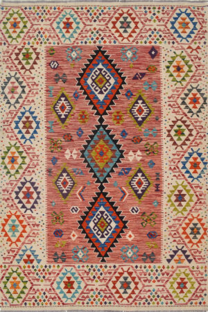 שטיח קילים כפרי מלבני פקיסטני צבעוני מצמר