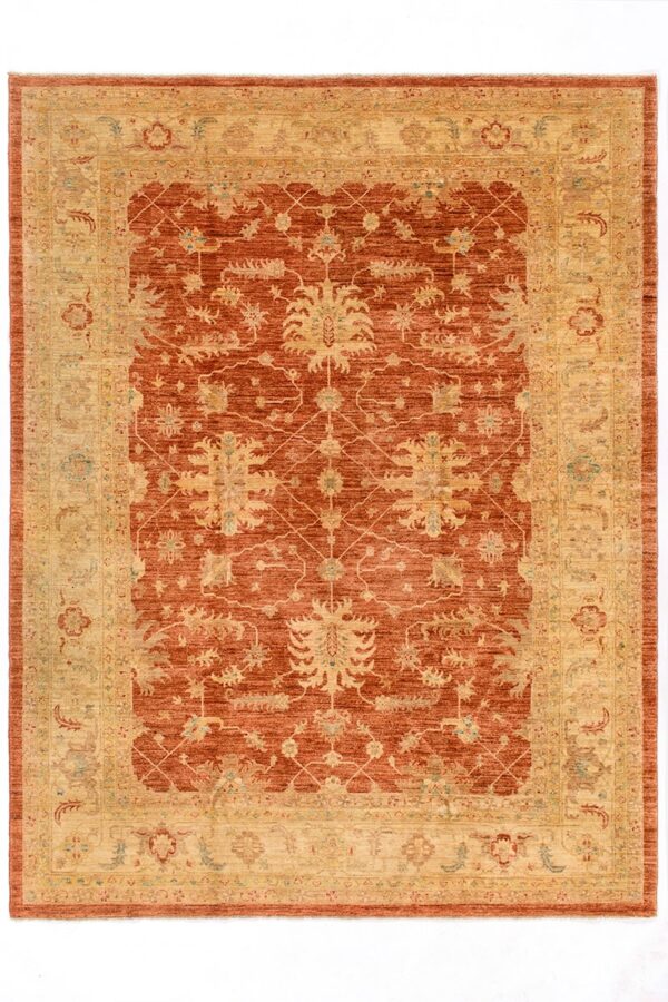 שטיח צמר אוריינטלי כפרי מלבני בגוון אדום-בז' מתאים לסלון