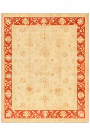 שטיח כפרי מלבני עשוי צמר בצבעים אדום ובז'