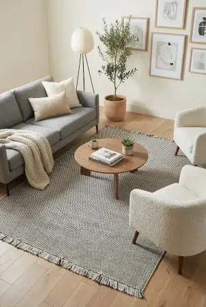 שטיח לופ PLZ-401 לבן אפור עם פרנזים, Living Room, Scandi Neutrals, Modern, Natural Daylight, lifestyle props.