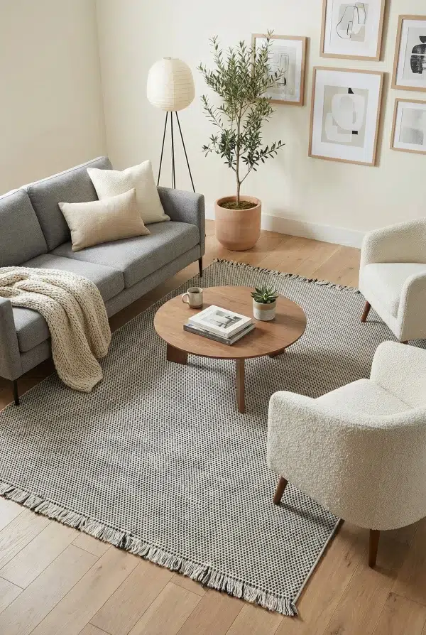 שטיח לופ PLZ-401 לבן אפור עם פרנזים, Living Room, Scandi Neutrals, Modern, Natural Daylight, lifestyle props.