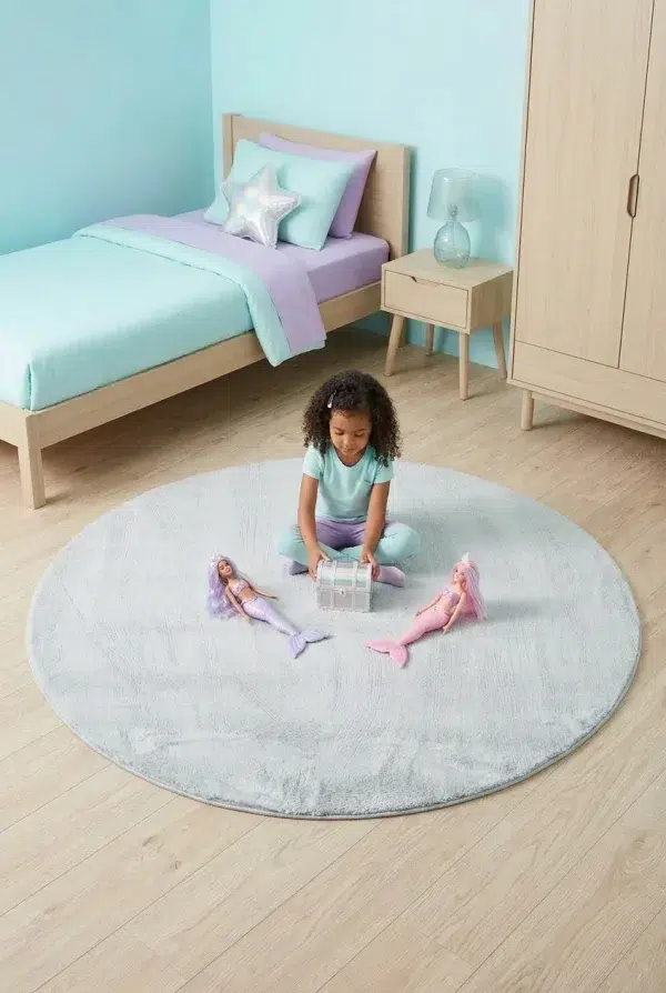 שטיח שאגי מויו MO80 תכלת עגול, Children's Bedroom, Mermaidcore / Iridescent, Modern, Natural Daylight, styled props.
