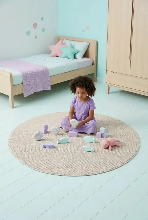 שטיח מילאנו ML01 שמנת עגול, Children's Bedroom, Mermaidcore / Iridescent, Modern, Natural Daylight, styled props.
