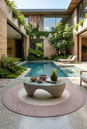 שטיח ננה עגול 1963-02, Courtyard with pool in the villa, Natural Daylight, styled props.