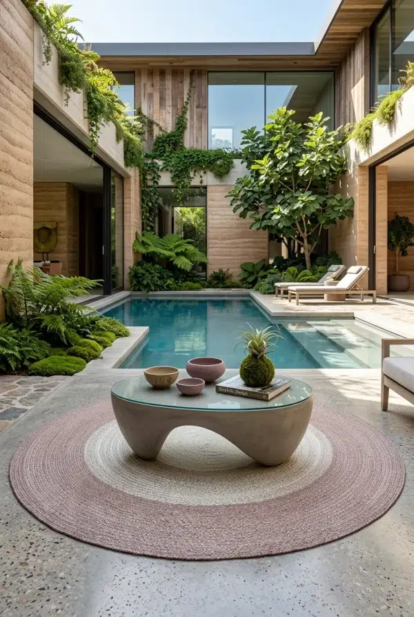 שטיח ננה עגול 1963-02, Courtyard with pool in the villa, Natural Daylight, styled props.