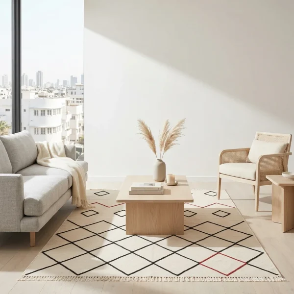 שטיח קילים ברבר כותנה 1828 לבן שחור אדום, Clear Sunny Day, styled props.