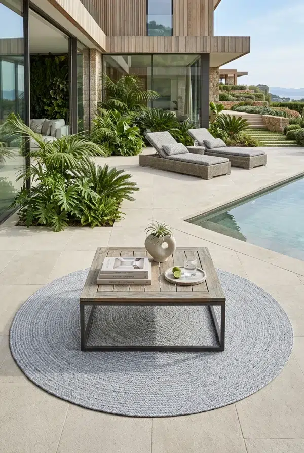 שטיח ננה עגול 1962-11, Courtyard with pool in the villa, Natural Daylight, styled props.