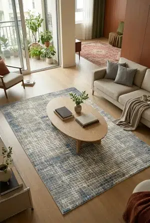 שטיח סטורי B053B כחול בז', Earthy Organic, Scandinavian, Natural Daylight, lifestyle props.