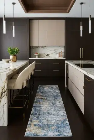 שטיח דאימונד קוסמוס 1712 ראנר, Quiet Luxury (Mocha & Espresso), Contemporary Luxury, Kitchen Bright, styled props.