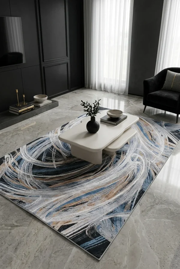 שטיח דאימונד קוסמוס ST706, Dark Luxury (Noir), Contemporary Luxury, Natural Daylight, styled props.