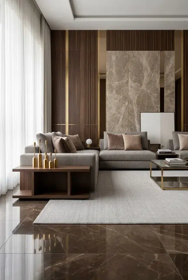 שטיח מילאנו ML01 שמנת, Quiet Luxury (Mocha & Espresso), Contemporary Luxury, Soft North Light, styled props.