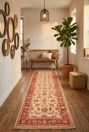שטיח אדום סופר זיגלר 07 ראנר, Hallway, Earthy Organic, Bohemian (Boho), Golden Hour Interior, styled props.