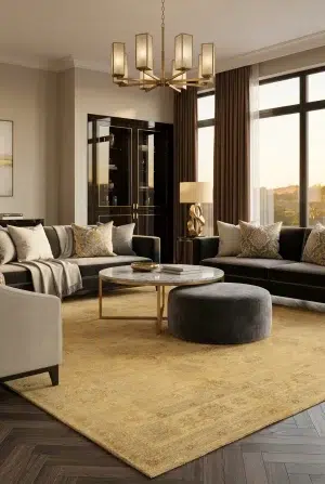 שטיח זיגלר מאהל 16, Dark Luxury (Noir), Contemporary Luxury, Golden Hour Interior, styled props.