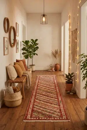 שטיח סומק משי ראנר 01, Hallway, Earthy Organic, Bohemian (Boho), Golden Hour Interior, styled props.