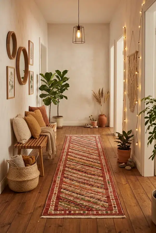 שטיח סומק משי ראנר 01, Hallway, Earthy Organic, Bohemian (Boho), Golden Hour Interior, styled props.