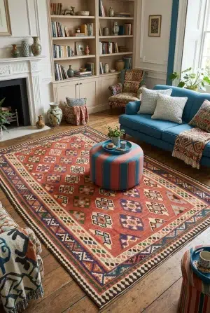 שטיח קילים קשקאי 04, Warm Eclectic with Vibrant Accents, Eclectic, Natural Daylight, excessive props.
