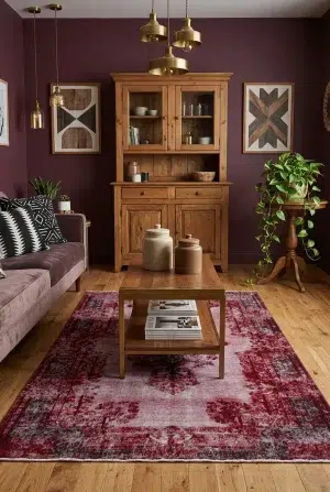 שטיח וינטג' כרמן 01, Plum and Oak Warmth, Eclectic, Moody Hygge, styled props.