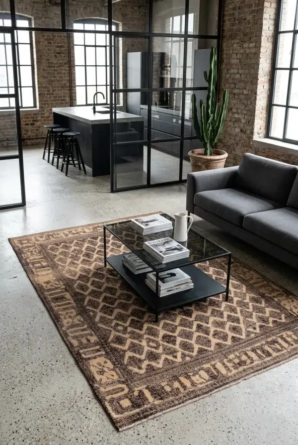 שטיח וינטג' כרמן 04, Industrial Grey, Industrial Loft, Natural Daylight, styled props.
