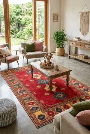 שטיח סופר קזאק 51, Bohemian Eclectic Mix, Bohemian (Boho), Natural Daylight, lifestyle props.