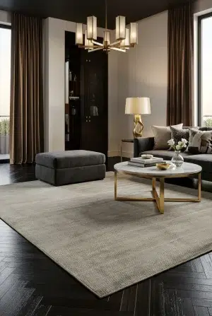 שטיח דיוטו DVT-05, Dark Luxury (Noir), Contemporary Luxury, Golden Hour Interior, styled props.