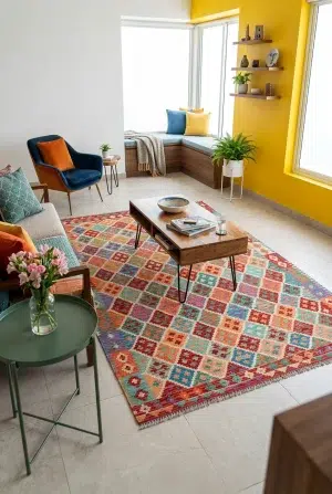 שטיח קילים סופר אפגני 17, Vivid Pop, Eclectic, Natural Daylight, lifestyle props.