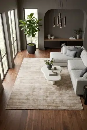 שטיח מודרני מורנו בז' 14, Quiet Luxury (Mocha & Espresso), Natural Daylight, styled props.