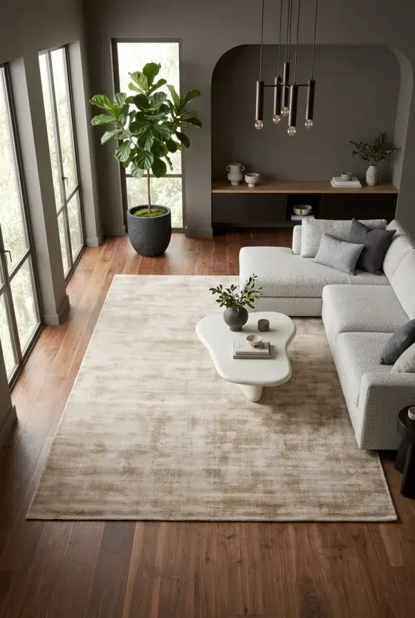שטיח מודרני מורנו בז' 14, Quiet Luxury (Mocha & Espresso), Natural Daylight, styled props.